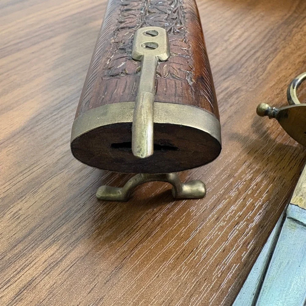 VINTAGE India Hand Carved Wood and Brass Letter Opener Scissors and Knife Set
